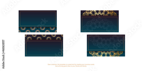 Gradient blue business card template with greek gold pattern for your brand.