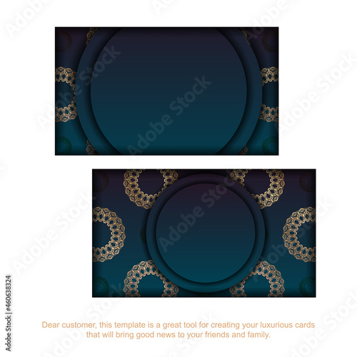 Gradient blue business card template with Indian gold pattern for your personality.