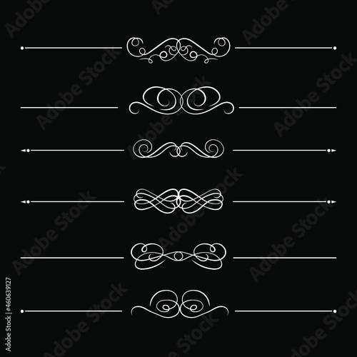 Vector collection of calligraphy style vinatge divider lines, white design elements isolated on black background, vintage style, flourish decorative lines.