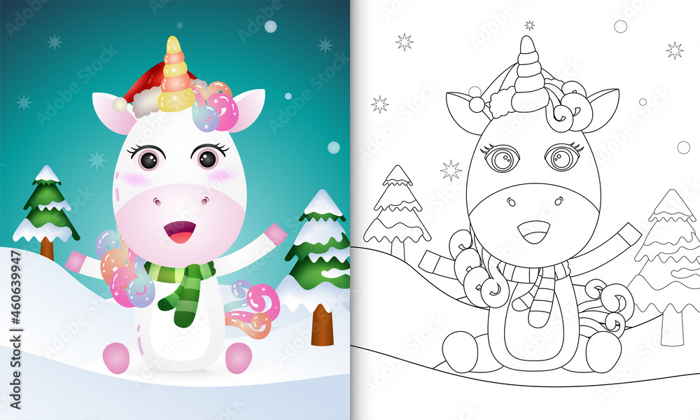 Fototapeta premium coloring book with a unicorn deer christmas characters collection with a hat and scarf