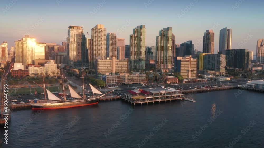Aerial: Downtown San Diego waterfront at sunset. California, USA Aerial: Downtown San Diego waterfront at sunset. California, USA