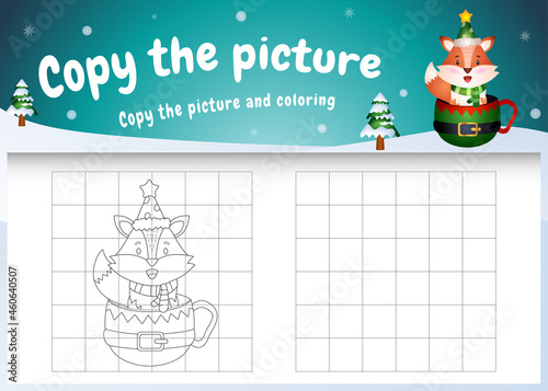 copy the picture kids game and coloring page with a cute fox on the cup
