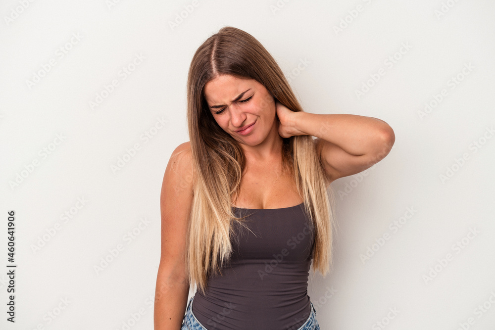 Young Russian woman isolated on white background suffering neck pain due to sedentary lifestyle. Young Russian woman isolated on white background suffering neck pain due to sedentary lifestyle.