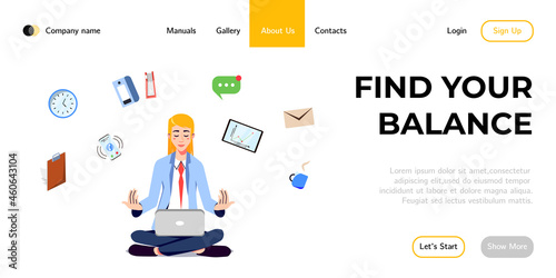 Stress management landing page design. Businesswoman meditates in the office, balancing work and life responsibilities. Healthy lifestyle and Balanced work management web page vector design.