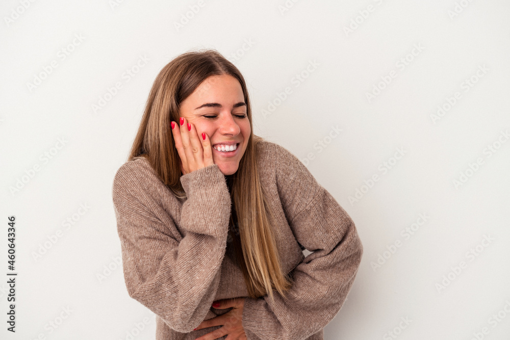 Young Russian woman isolated on white background laughing and having fun. Young Russian woman isolated on white background laughing and having fun.