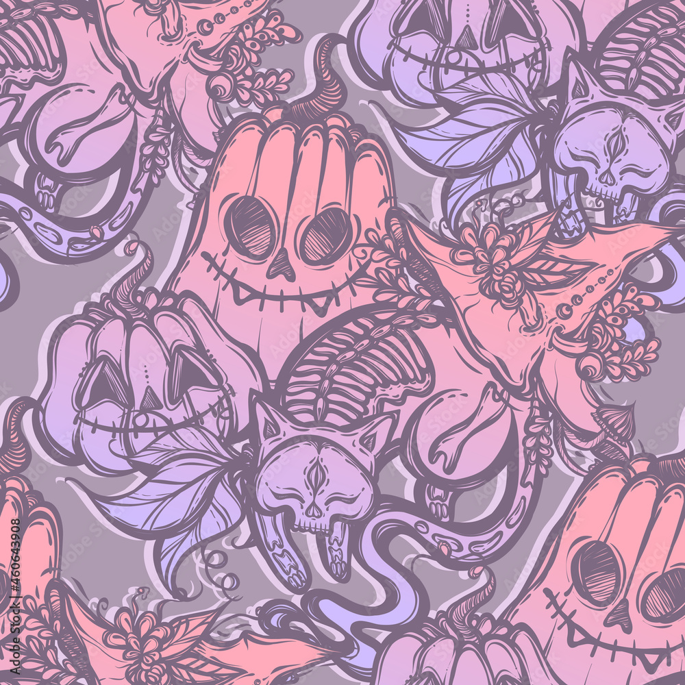 Fototapeta premium Halloween vector composition with mystical cat skeleton, pumpkins and witch hat, background light purple, seamless pattern, t-shirt design