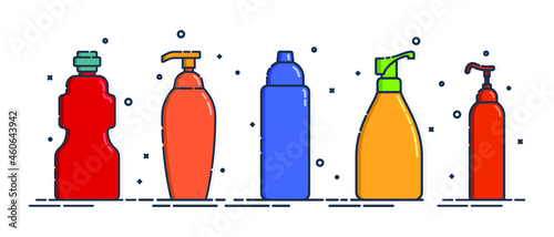Cosmetic container. Body care hygiene. Blank package bottle. Five plastic makeup jar product. Color beauty medicine package. Oil, gel, shampoo. Treatment mockup design. Outline object