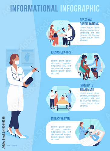Doctor consultation flat color vector infographic template. Family health treatment. Poster with text, PPT page concept design with cartoon characters. Creative data visualization. Info banner idea