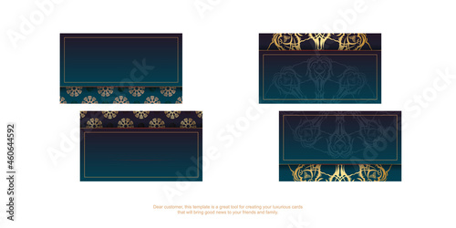 Business card template with gradient blue color with luxurious gold ornaments for your contacts.