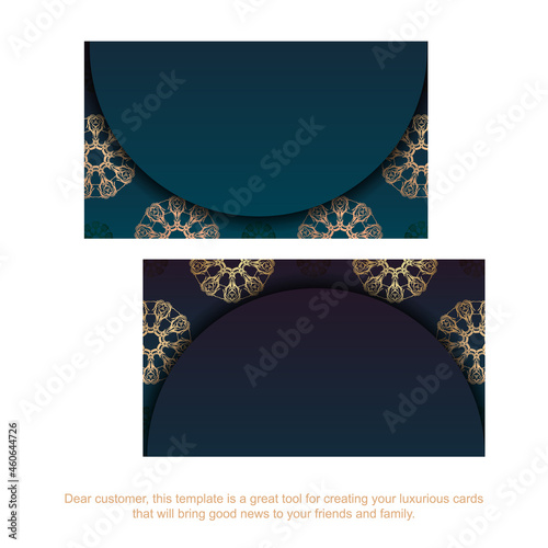 Business card template with gradient blue color with vintage gold pattern for your personality.
