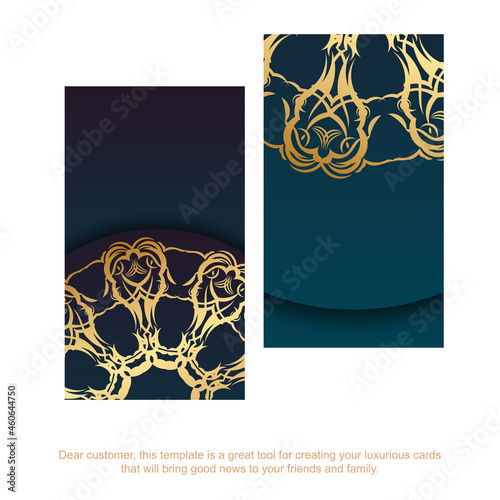 Business card template with gradient blue color with vintage gold ornament for your contacts.