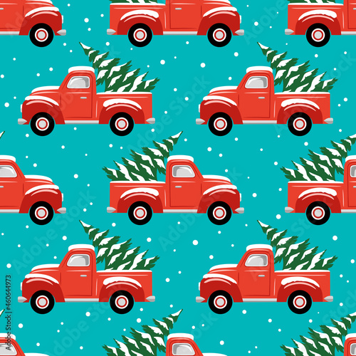 Hand drawn seamless vector pattern with vintage Christmas trucks and trees. Perfect for fabric or wrapping paper. 