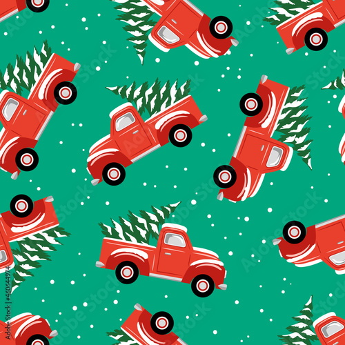 Hand drawn seamless vector pattern with vintage Christmas trucks and trees. Perfect for fabric or wrapping paper. 