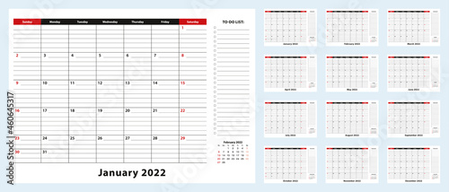 Vector Monthly Desk Pad Calendar, January 2022 - December 2022. Calendar planner with to-do list and place for notes.
