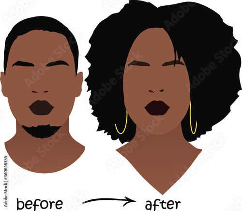 LGBT vector illustration. Transgender man changes gender. Sex reassignment before male after female. Gender equality vector drawing black man and woman
