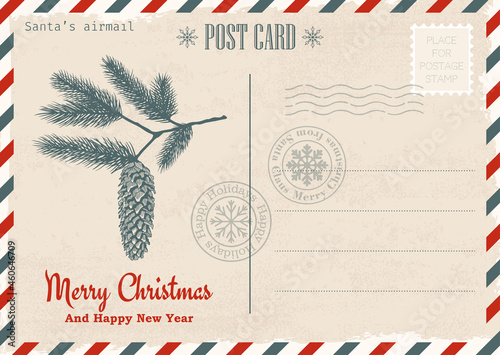 Vintage Christmas and New Year invitation postcard. Christmas mail. Vector template