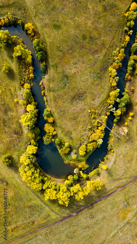 Aerial view of autumn smile shaped river