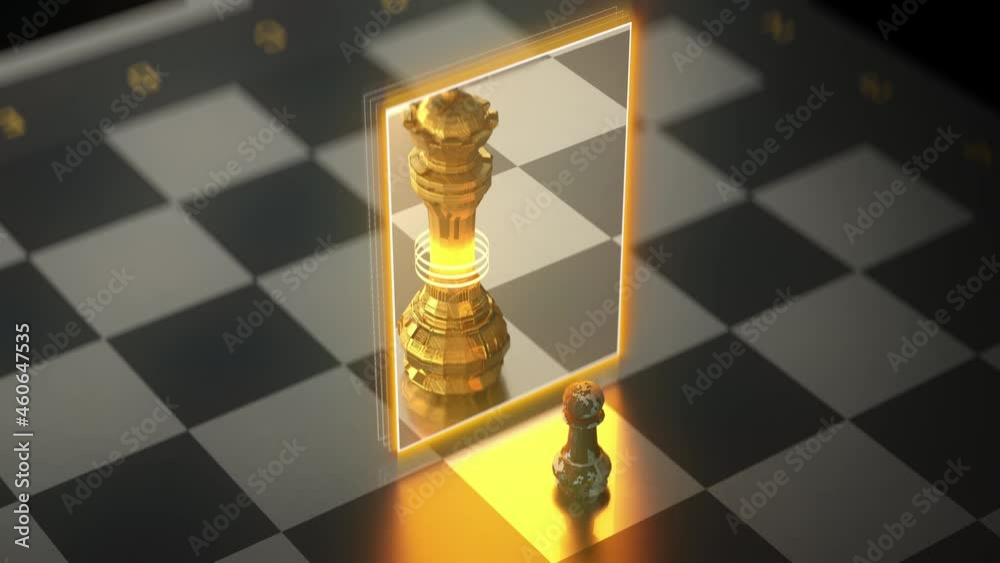 Pawn chess piece reflected in mirror as queen, chess promotion, business concept