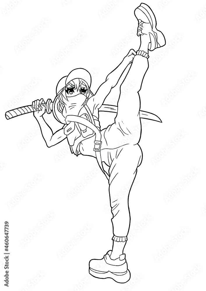 Cute fighting anime manga girl with a katana strikes in a bulletproof