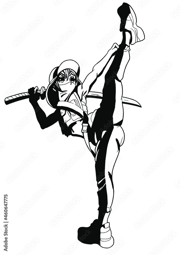 Cute fighting anime manga girl with a katana strikes in a bulletproof vest  and sneakers she has blonde hair and a baseball cap, manga style vector  Stock Vector | Adobe Stock