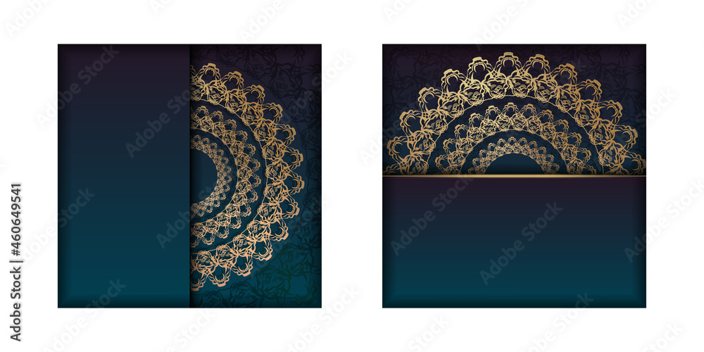 Gradient blue gradient flyer template with Indian gold pattern print ready.