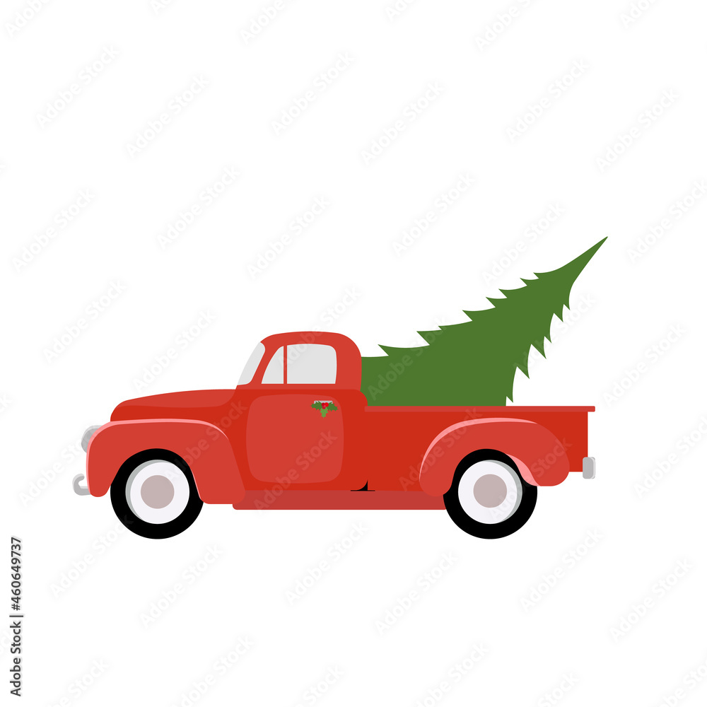  Christmas tree in a red car. Vector illustration