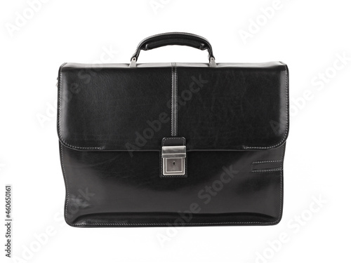 Business bag or case in black leather. Isolated on white background