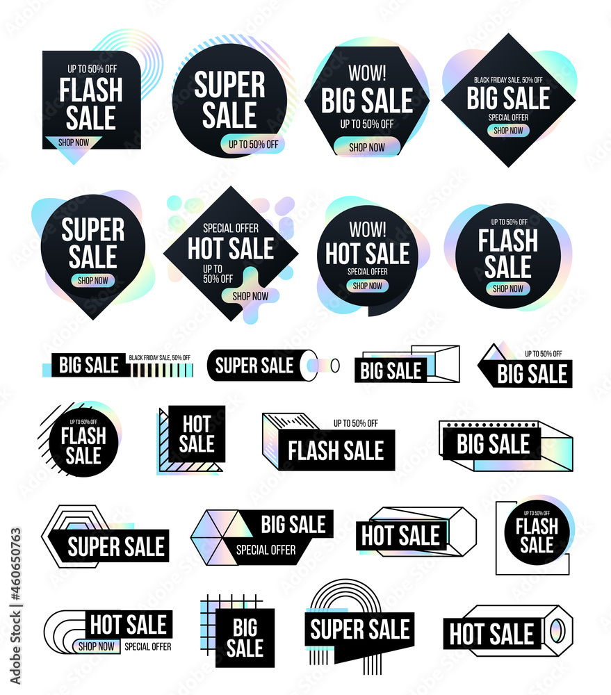 Obraz premium Mega set black banners with dispersion shapes. Trendy banner with rainbow shapes for black friday, season special offer, hot sale and discount. Memphis and hipster style.