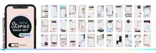 Mega set of abstract trendy design for stories with dispersion effect.  Editable template for social networks stories. For create trendy stories, sales, poster, new posts in memphis and hipster style