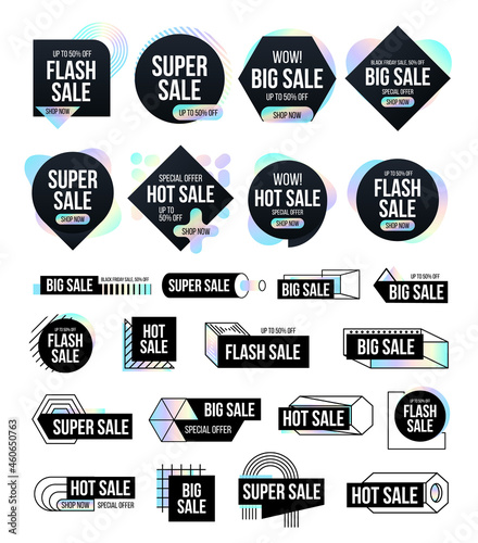 Mega set black banners with dispersion shapes. Trendy banner with rainbow shapes for black friday, season special offer, hot sale and discount. Memphis and hipster style.