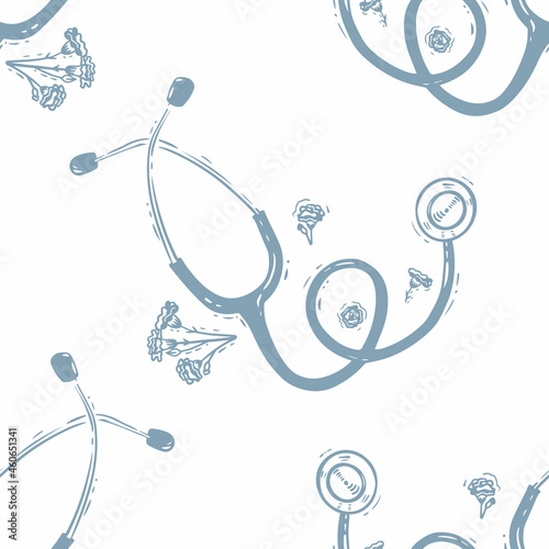 Vector Blue Doodle Stethoscope seamless pattern background. Perfect for fabric, scrapbooking and wallpaper projects.