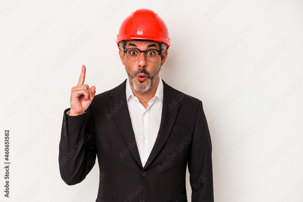 Middle age architect caucasian man isolated on white background having some great idea, concept of creativity. Middle age architect caucasian man isolated on white background having some great idea, concept of creativity.