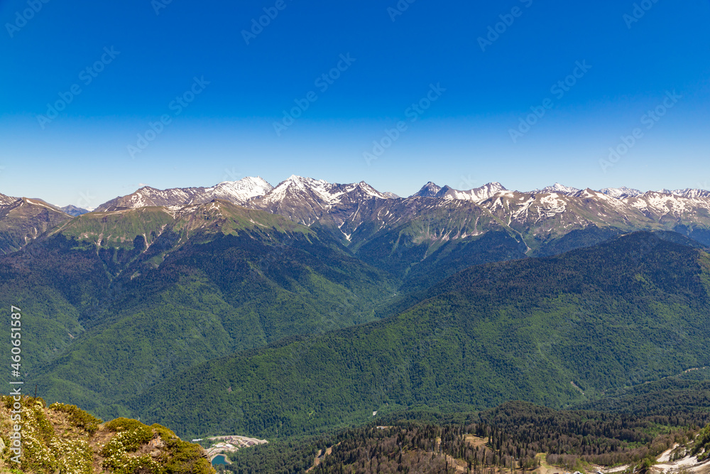 View of the Caucasus range from the top of Rosa Peak in Rosa Khutor, Sochi, Caucasus, Russia.