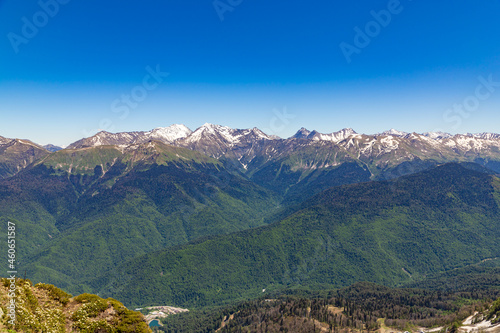 View of the Caucasus range from the top of Rosa Peak in Rosa Khutor, Sochi, Caucasus, Russia.