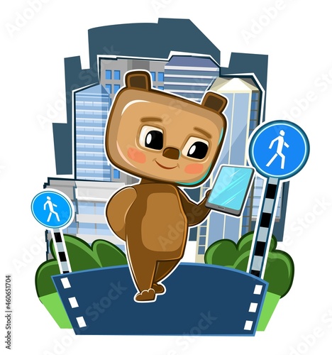 Cute kid Bear with a smartphone in the pedestrian zone. Traffic Laws. Good kid animal. Illustration for children. Isolated on white background. Vector