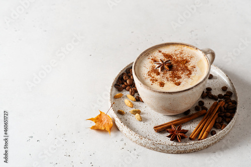 Spice coffee and masala tea winter drink on white background