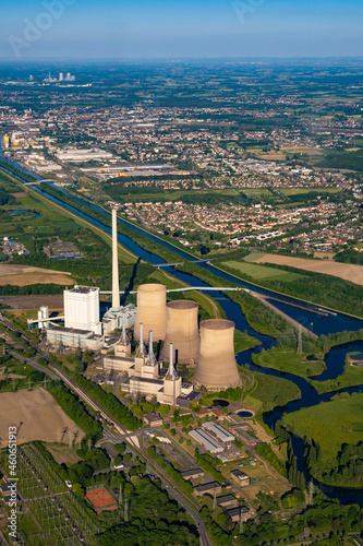 Aerial photo of the power plant and the Lippe river in Hamm and Werne, Ruhrgebiet, Germany