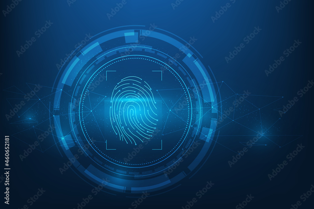 Fingerprint identification scanning technology on blue background. vector illustration futuristic technology style. biometric authentication cyber security. Fingerprint identification scanning technology on blue background. vector illustration futuristic technology style. biometric authentication cyber security.
