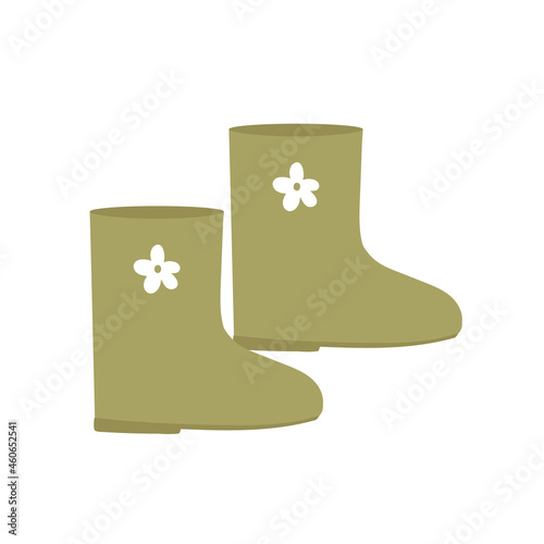Green rubber boots with flower icon. Cozy garden symbol. Waterproof shoe for rainy weather, fishing and gardening concept. Vector illustration in cartoon style. Isolated on white background.