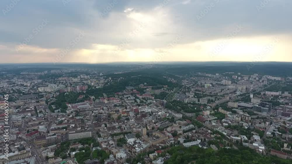View from the drone to Lviv. Rynok Square area. Aerial panorama of the city in the evening. View from the drone to Lviv. Rynok Square area. Aerial panorama of the city in the evening.