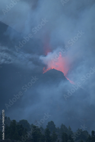 2021 Cumbre Vieja volcanic eruption (seen at morning) on the island of La Palma, one of the Canary Islands, governed by Spain. The eruption on 30 September.