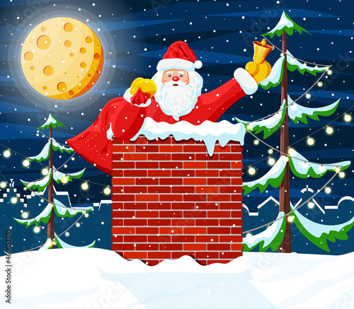 Santa claus with bag with gifts at house roof. Santa claus stuck in chimney. Happy new year decoration. Merry christmas eve holiday. New year and xmas celebration. Vector illustration in flat style