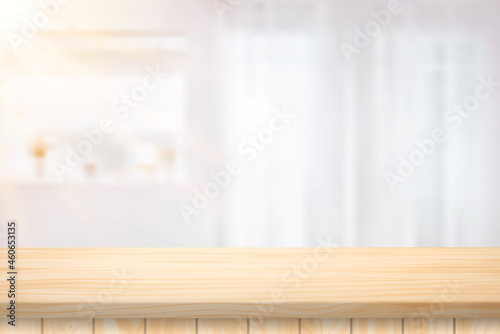 Illustration Vector Wood table floor and Blurred background atmosphere front room light shining through the curtain in home