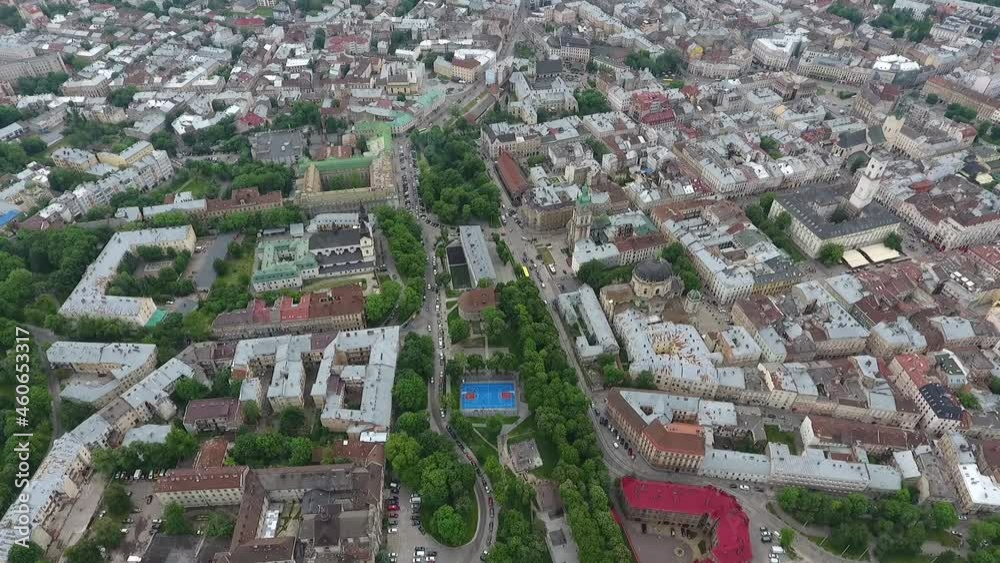 View from the drone to Lviv. Rynok Square area. Aerial panorama of the city in the evening. View from the drone to Lviv. Rynok Square area. Aerial panorama of the city in the evening.