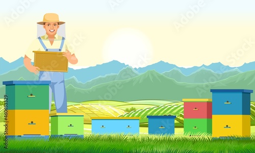Beekeeper. Apiary in a rural landscape with mountains. Character in uniform and mesh protective hat. Person is a middle aged man. Cute smiles. Vector