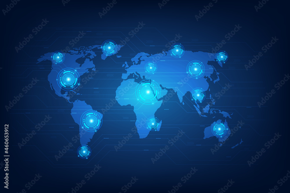 technology global communication map on blue background. Abstract digital network connection on the world. business artificial intelligence concept. vector illustration futuristic technology style.