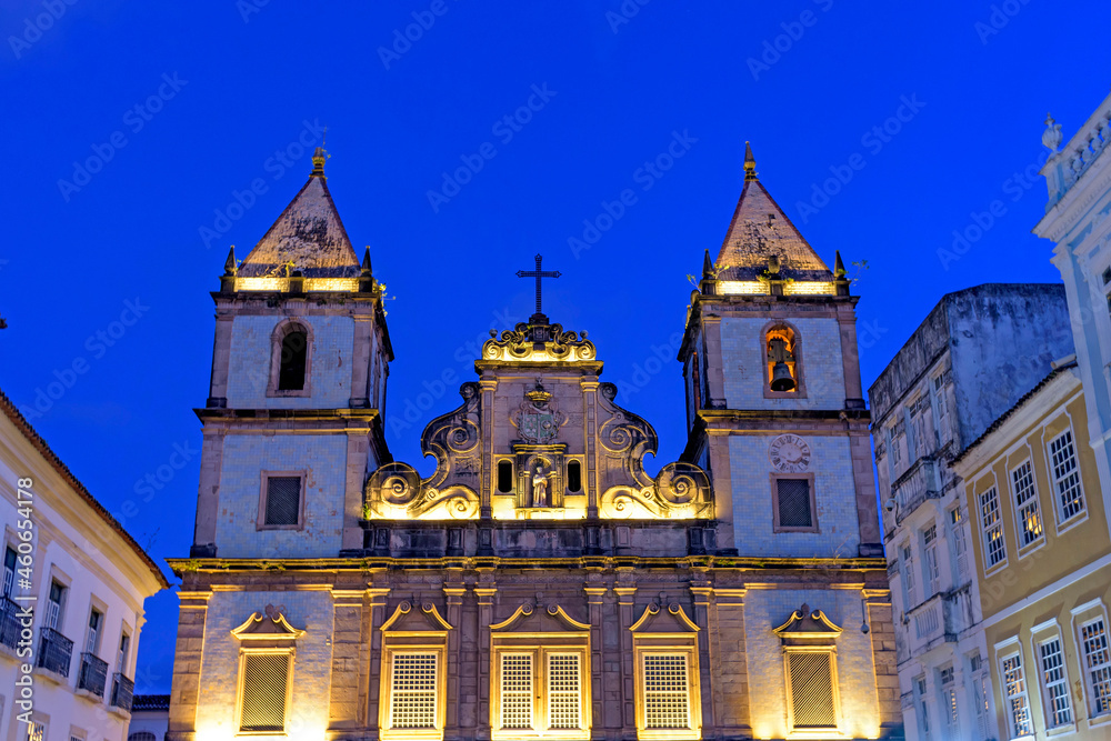 Illuminated facade of an ancient and historic church located in Salvador, Bahia in the Pelourinho district at dusk