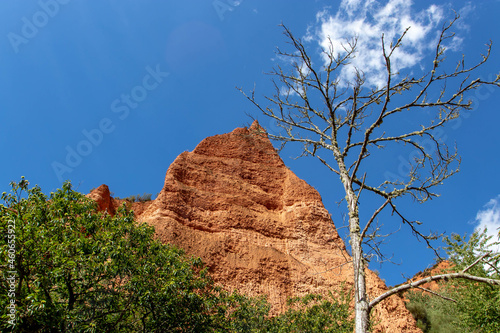 Rock peack and dry tree at the Las Medulas historic gold mining site.