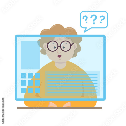 Worried elderly woman at the laptop. Grandmother browses the news on the internet