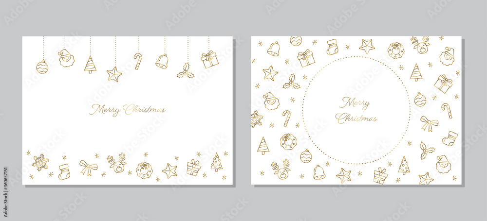 クリスマスのデザインフレーム　二点セット　白い背景にゴールドのイラスト